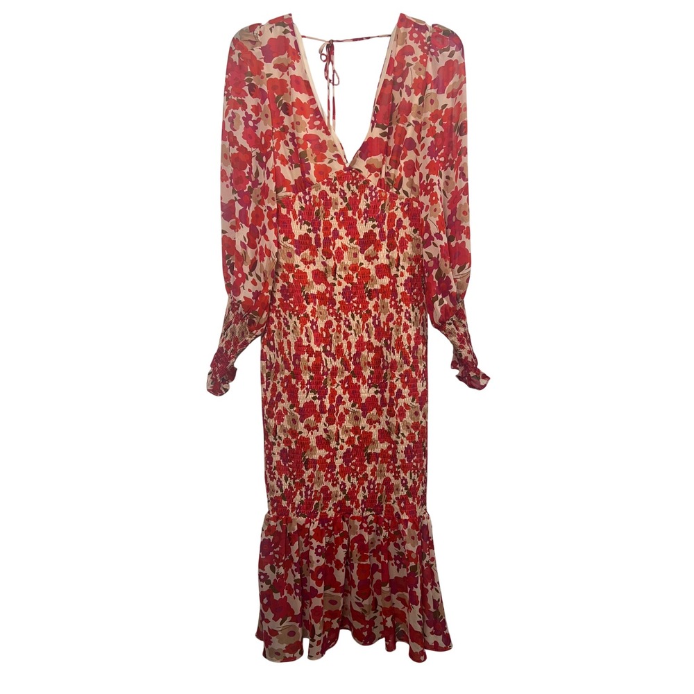 Luxxel Floral Smocked Midi Dress Red Pink Long Sleeve V-Neck Boho Medium Garden